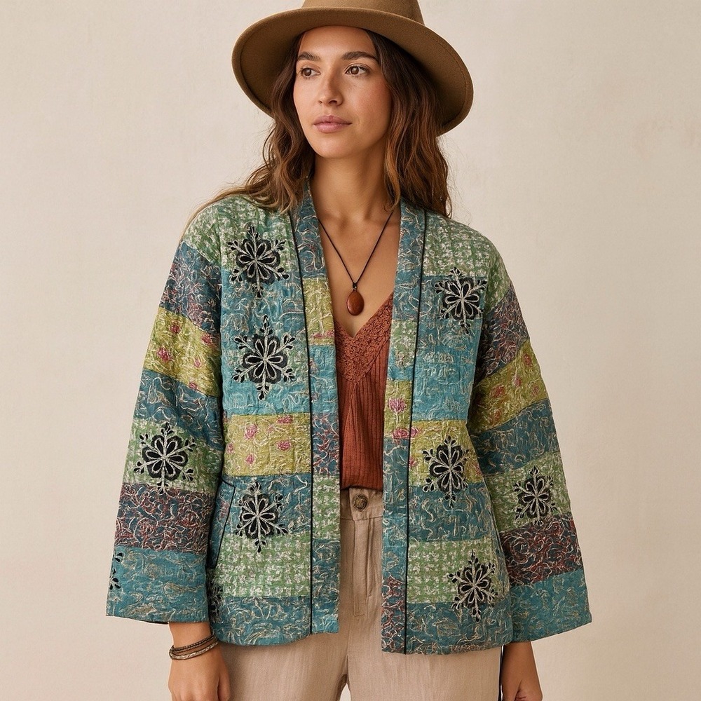 Young Threads Quilted Kimono Jacket Large Boho Clothing Mixed Fabric NWT